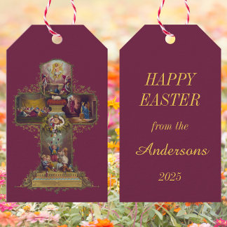 Vintage Christian Floral Cross Jesus Happy Easter Gift Tags