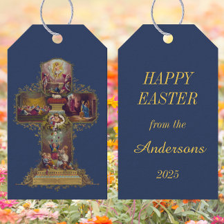 Vintage Christian Floral Cross Jesus Happy Easter Gift Tags