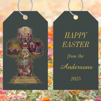 Vintage Christian Floral Cross Jesus Happy Easter Gift Tags