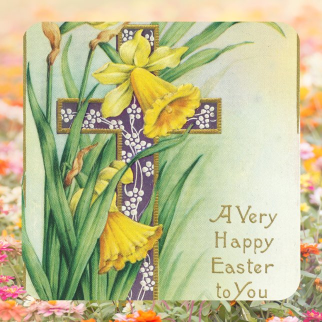 Vintage Christian Floral Cross Jesus Happy Easter Square Sticker (Vintage Religious Christian Catholic Floral Cross Jesus Christ is risen Happy Easter Sticker)