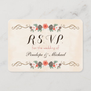 Vintage Christma Floral Pinecone Wedding RSVP Card
