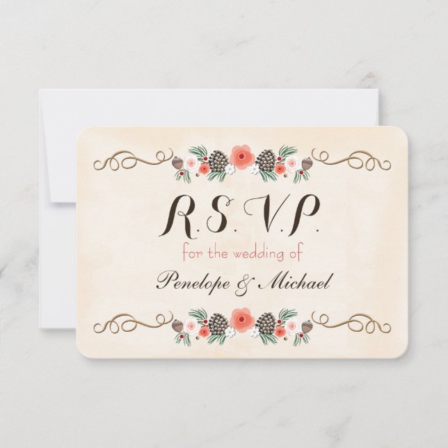 Vintage Christma Floral Pinecone Wedding RSVP Card (Front)