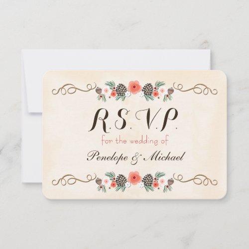 Vintage Christma Floral Pinecone Wedding RSVP Card