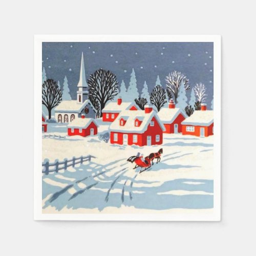 Vintage Christma Holiday Church Winter Snow Horse Napkins