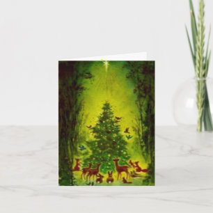 Vintage Christmas 1950 Wildlife Gathering, Tree Holiday Card