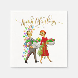 Vintage Christmas 1950's Couple Merry Christmas Napkins