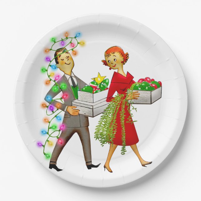 Vintage Christmas 1950's Couple Paper Plates (Front)