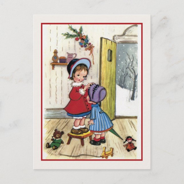 Vintage Christmas 2 little girls, toys Holiday Postcard (Front)