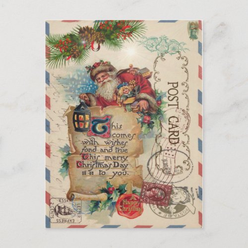 Vintage Christmas Airmail Postcard Santa Claus