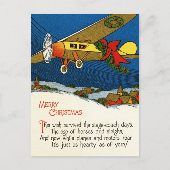 Vintage Christmas Airplane Holiday Postcard (Front)
