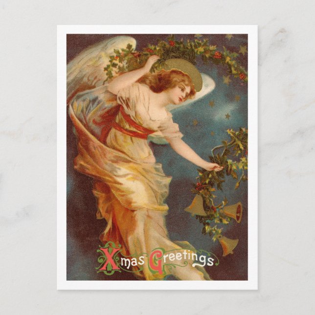 Vintage Christmas Ange, Xmas Greeting Calligraphy Holiday Postcard (Front)