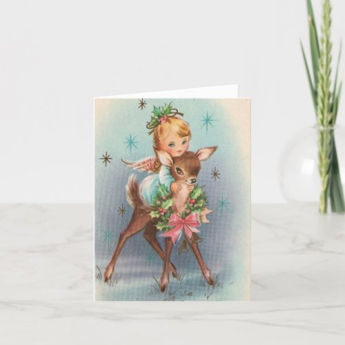 Vintage Christmas Angel And Deer Holiday Card