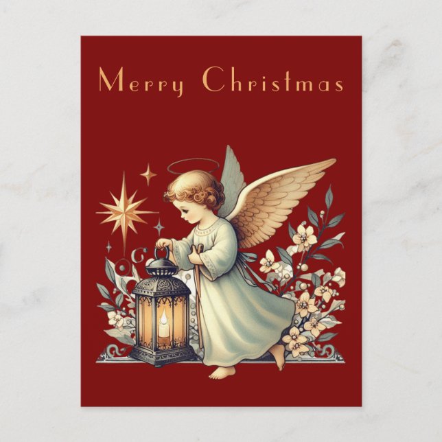  Vintage Christmas Angel and Lantern Postcard (Front)