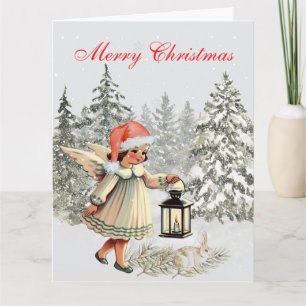 Vintage Christmas Angel and Rabbit Card
