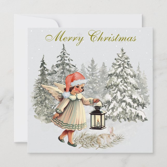  Vintage Christmas Angel and Rabbit Card (Front)