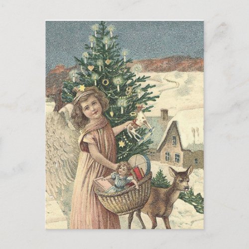 Vintage Christmas angel and reindeer snow Holiday Postcard