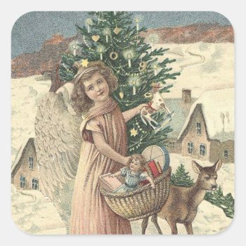 Vintage Christmas Angel And Reindeer Snow Square Sticker by vintagecreations at Zazzle