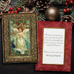 Vintage Christmas Angel and Star Holiday Card<br><div class="desc">Beautiful Christmas angel in flowing white robe and wings,  surrounded by gold star and holly on cloud background bordered by ornate gold frame. Complementary image on reverse with customizable text. Matching address labels and postage stamps available.</div>