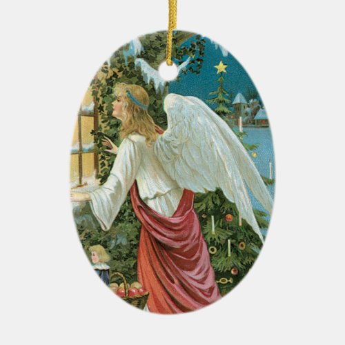 Vintage Christmas Angel at the window Ceramic Ornament