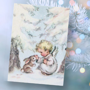 Vintage Christmas Angel Baby and Bunny Holiday Card