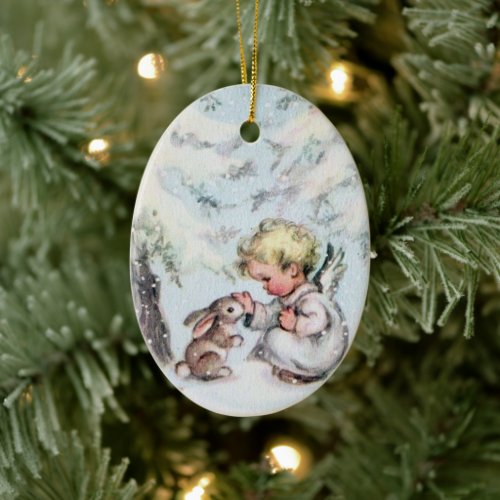 Vintage Christmas Angel Baby and Bunny Holiday Ceramic Ornament