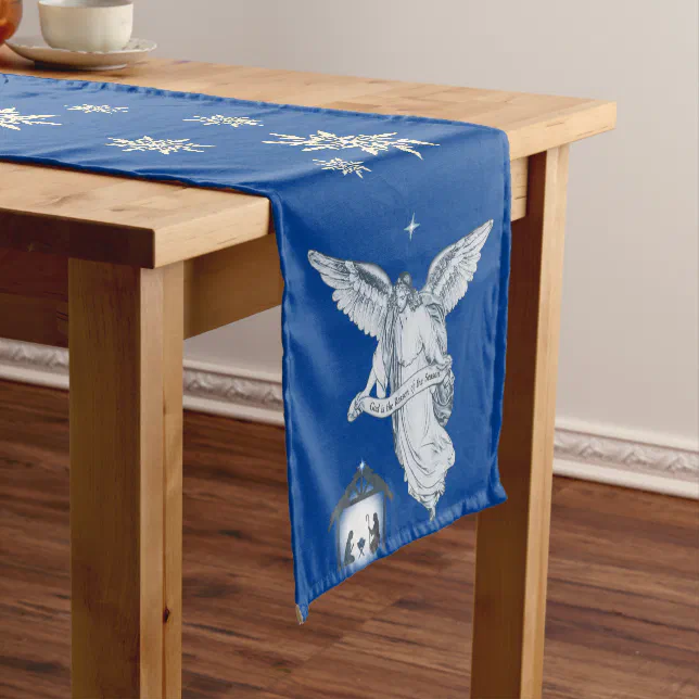 Vintage Christmas Angel & Bethlehem on Blue Short Table Runner | Zazzle