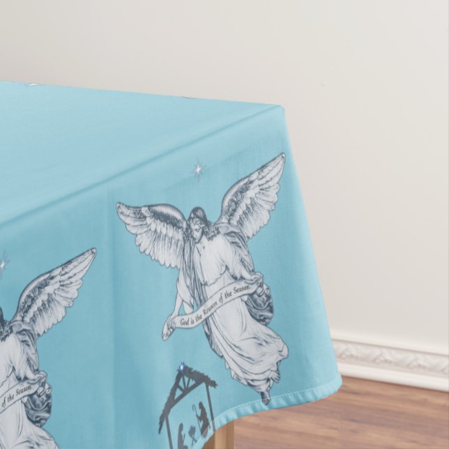 Vintage Christmas Angel & Bethlehem on Light Blue Tablecloth (In Situ)