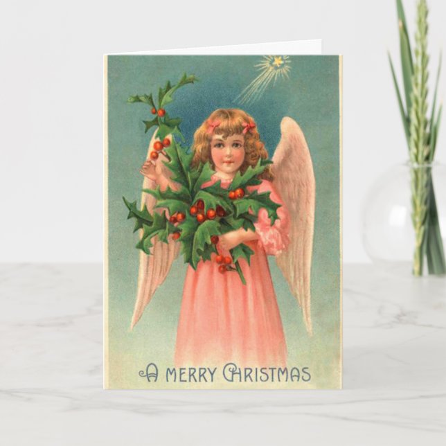 Vintage Christmas Angel Brings Blessings, Holiday Card (Front)
