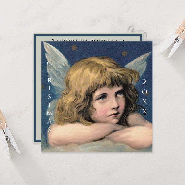 Vintage Christmas Angel Child White Wings Indigo Card (Front/Back In Situ)