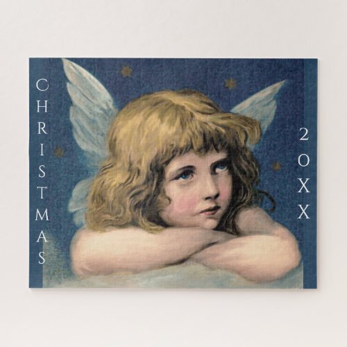 Vintage Christmas Angel Child White Wings Indigo Jigsaw Puzzle