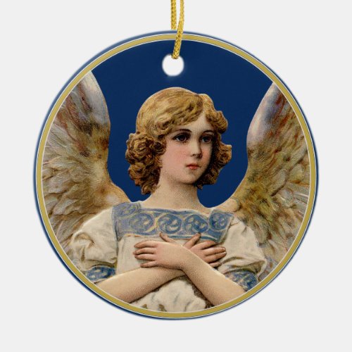 Vintage Christmas Angel Dark Blue Holiday Message Ceramic Ornament
