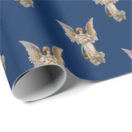 Vintage Christmas Angel Dark Blue Holiday Wrapping Paper