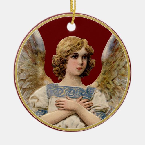 Vintage Christmas Angel Dark Red Holiday Message Ceramic Ornament