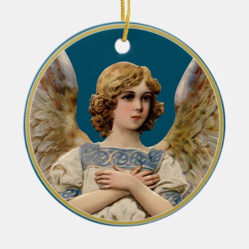 Vintage Christmas Angel Dark Teal Holiday Message Ceramic Ornament