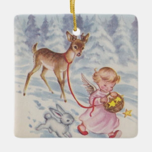 Vintage Christmas Angel Deer and Bunny Ceramic Ornament