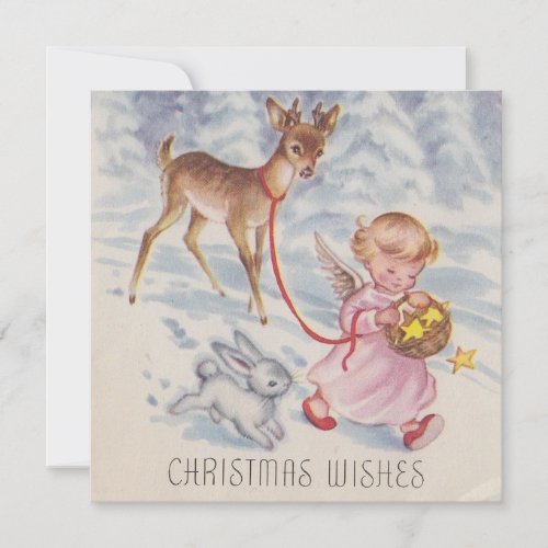 Vintage Christmas Angel Deer and Bunny Holiday Card