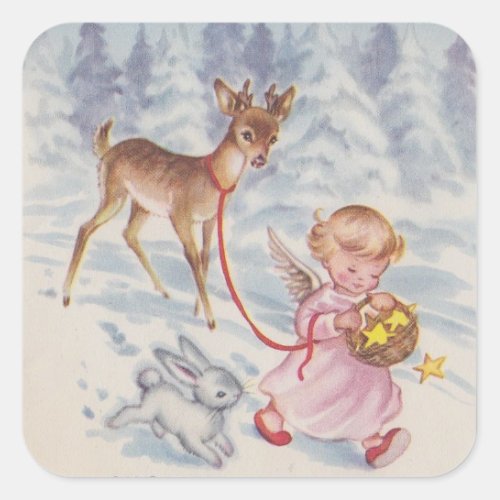 Vintage Christmas Angel Deer and Bunny Square Sticker