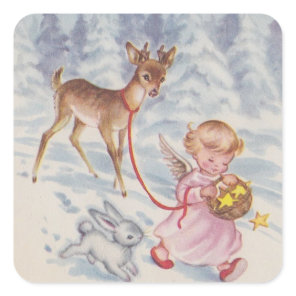 Vintage Christmas Angel Deer and Bunny Square Sticker