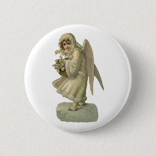 Vintage Christmas Angel Flowers, Victorian Die Cut Pinback Button