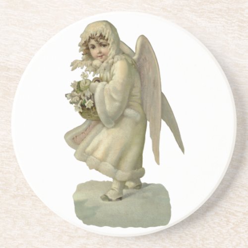 Vintage Christmas Angel Flowers Victorian Die Cut Sandstone Coaster