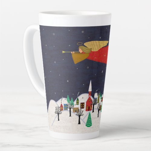 Vintage Christmas Angel Flying Over Winter Village Latte Mug