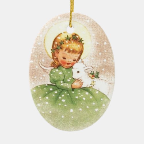 Vintage Christmas Angel Girl With Baby Lamb Ceramic Ornament