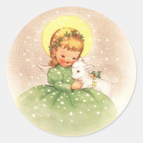 Vintage Christmas Angel Girl With Baby Lamb Classic Round Sticker