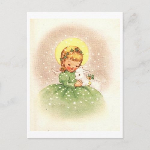 Vintage Christmas Angel Girl With Baby Lamb Holiday Postcard