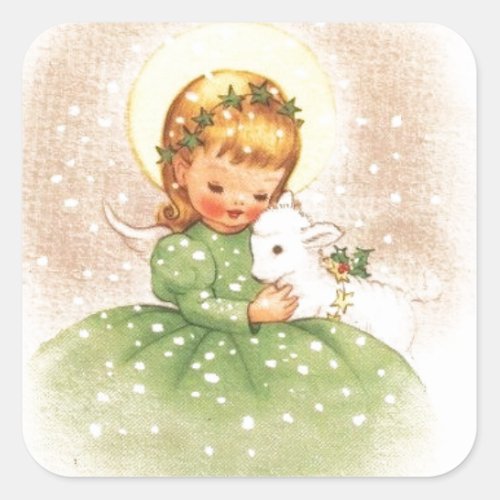 Vintage Christmas Angel Girl With Baby Lamb Square Sticker