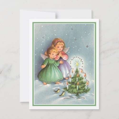 Vintage Christmas Angel Girls By Christmas Tree Holiday Card