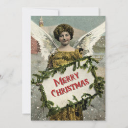 Vintage Christmas Angel Gold Gown and Greenery Holiday Card