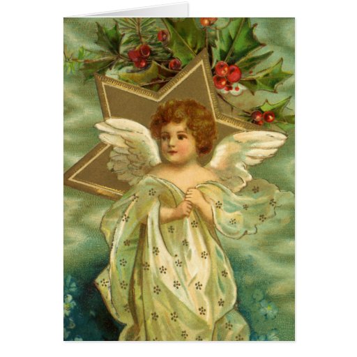 Vintage Christmas Angel Gold Star Holly Berries Greeting Card | Zazzle