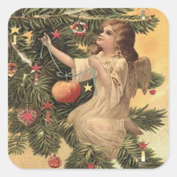 Vintage Christmas Angel Hanging Decorations Tree Square Sticker by vintagecreations at Zazzle