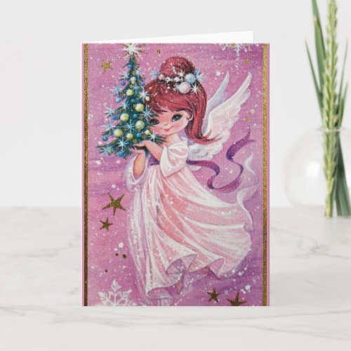 Vintage Christmas Angel Holding Tree Holiday Card